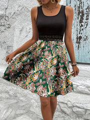 Printed A-Line Tank Dress with Lace Waist Detail Green / S