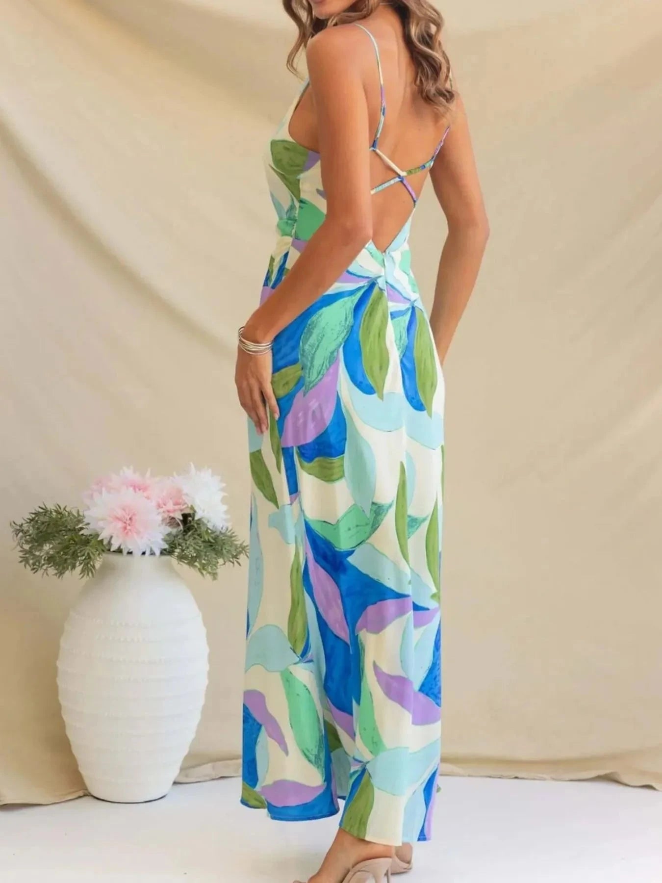 Printed Backless Sleeveless Maxi Dress
