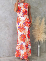 Printed Backless Sleeveless Maxi Dress