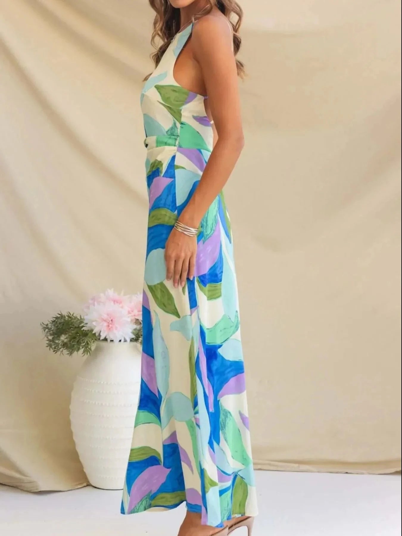 Printed Backless Sleeveless Maxi Dress