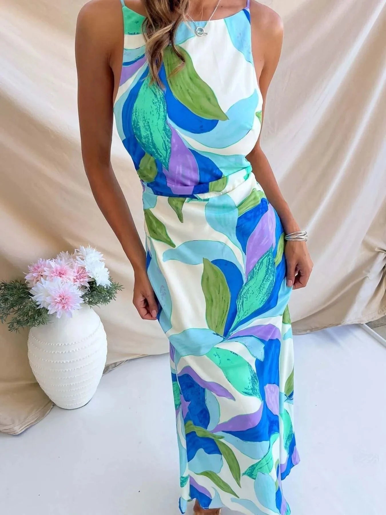 Printed Backless Sleeveless Maxi Dress