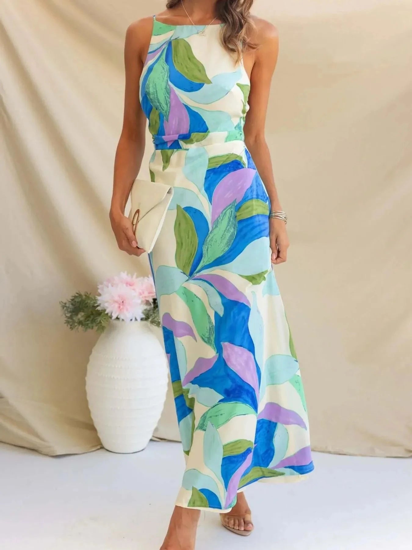 Printed Backless Sleeveless Maxi Dress Lake Blue / S
