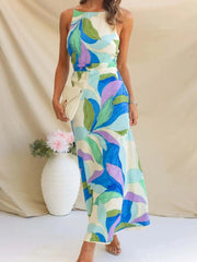 Printed Backless Sleeveless Maxi Dress Lake Blue / S