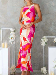 Printed Backless Sleeveless Maxi Dress Red / S