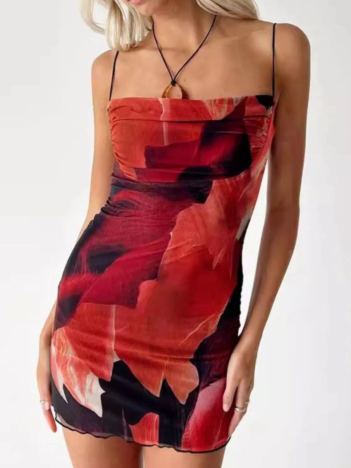 Printed Bodycon Cami Dress Red / S