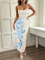 Printed Bodycon Spaghetti Strap Maxi Dress Apricot / S