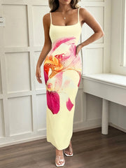 Printed Bodycon Spaghetti Strap Maxi Dress Navy Blue / S