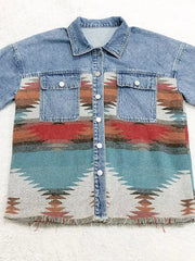 Printed Botton Down Long Sleeve Denim Jacket