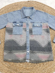 Printed Botton Down Long Sleeve Denim Jacket