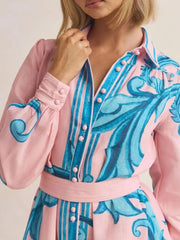 Printed Button Down Belted Shirt Dress