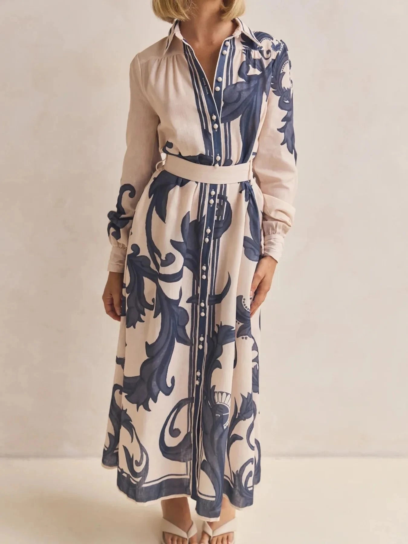 Printed Button Down Belted Shirt Dress