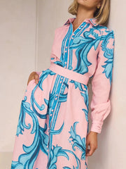 Printed Button Down Belted Shirt Dress