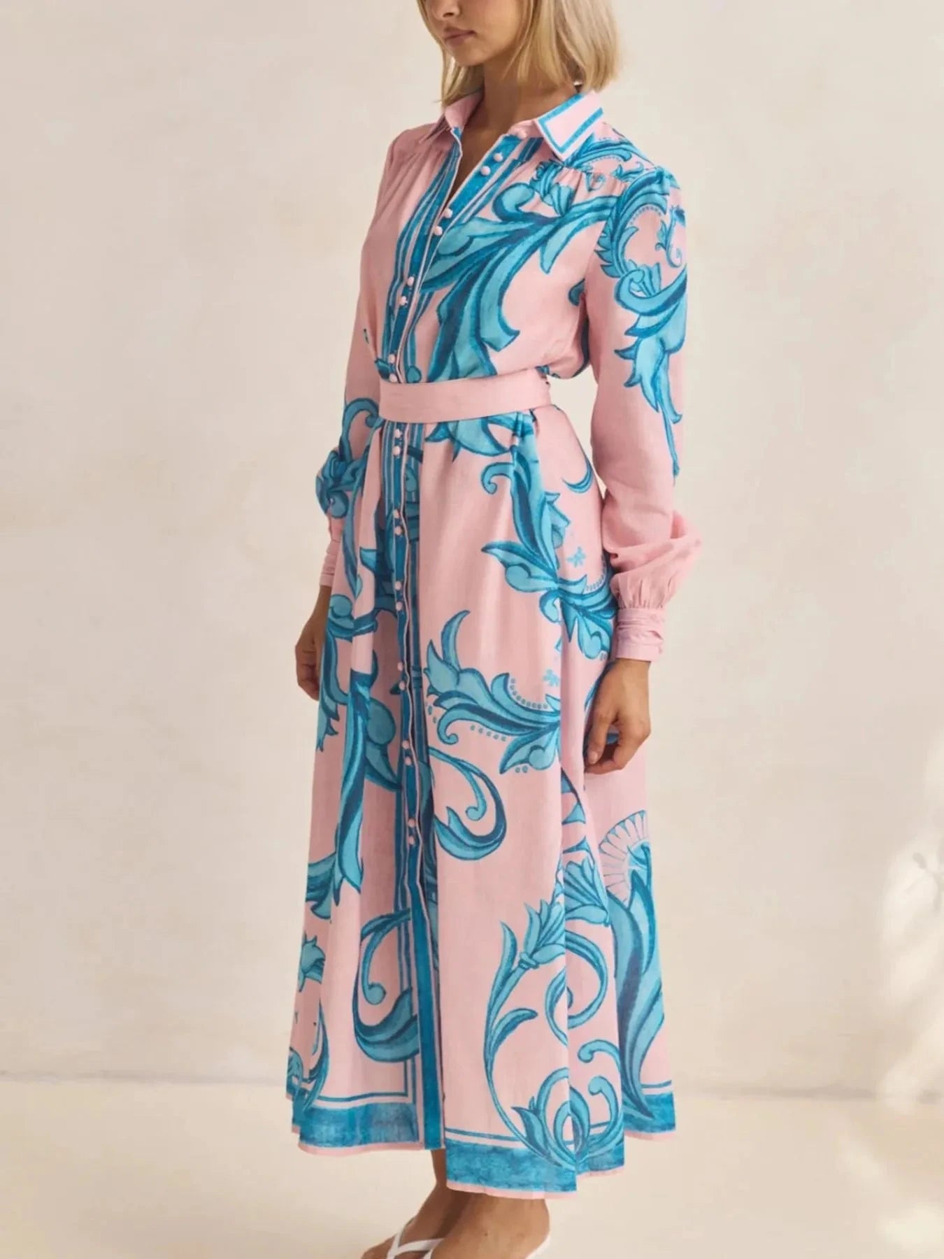 Printed Button Down Belted Shirt Dress