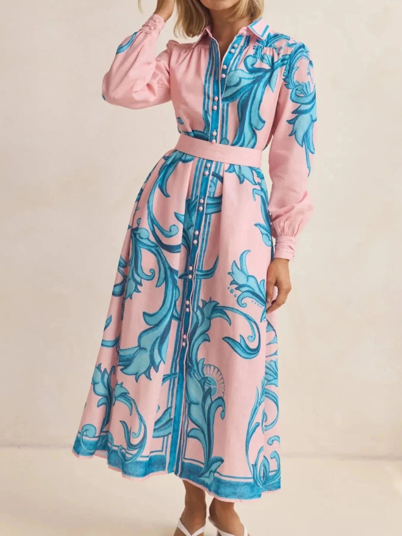 Printed Button Down Belted Shirt Dress