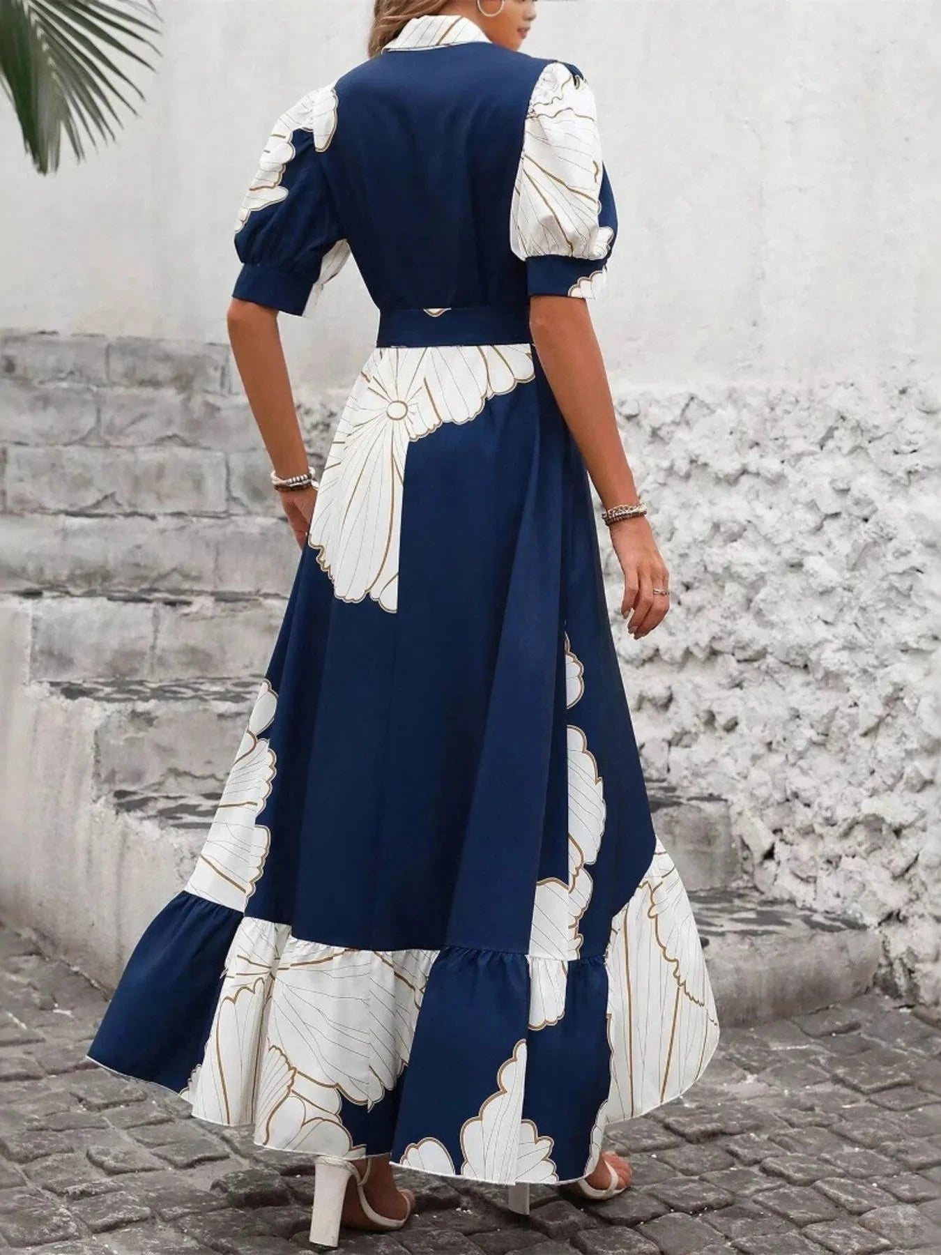 Printed Button Down Half Sleeve Maxi Shirt Dress