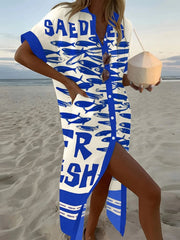 Printed Button Down Shirt Dress Blue / S