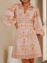 Printed Button Down Shirt Dress with Belt