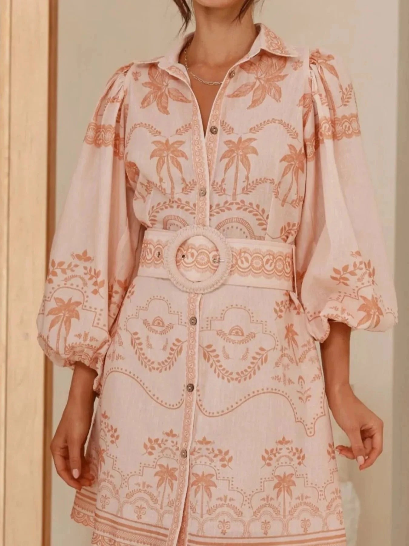 Printed Button Down Shirt Dress with Belt