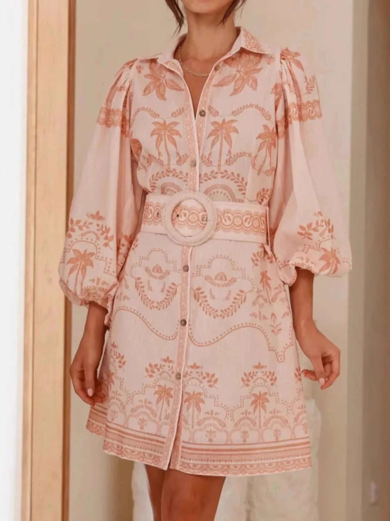 Printed Button Down Shirt Dress with Belt Pink / S