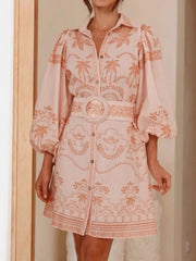 Printed Button Down Shirt Dress with Belt Pink / S