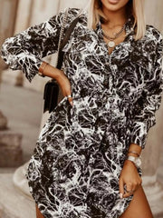 Printed Button Front Long Sleeve Dress Black And White Tie Dye / S