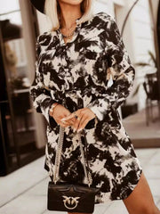 Printed Button Front Long Sleeve Dress Black Apricot Blossom / S