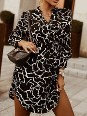 Printed Button Front Long Sleeve Dress Black / S