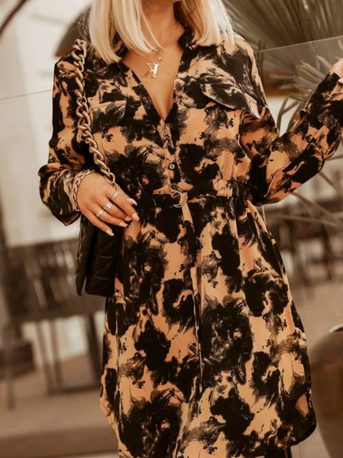 Printed Button Front Long Sleeve Dress Black Yellow Flower / S