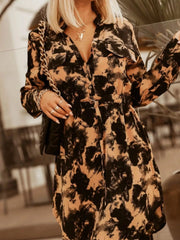 Printed Button Front Long Sleeve Dress Black Yellow Flower / S