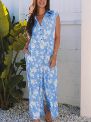 Printed Button-Front Wide Leg Jumpsuit