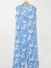 Printed Button-Front Wide Leg Jumpsuit
