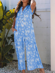 Printed Button-Front Wide Leg Jumpsuit Light Blue / S