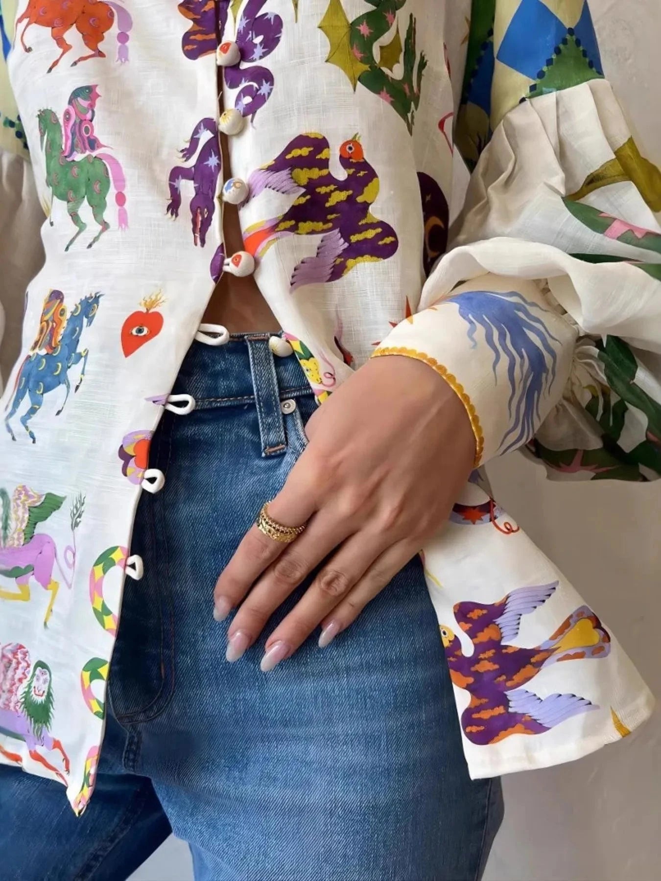 Printed Button Up Lantern Sleeve Shirt