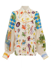 Printed Button Up Lantern Sleeve Shirt