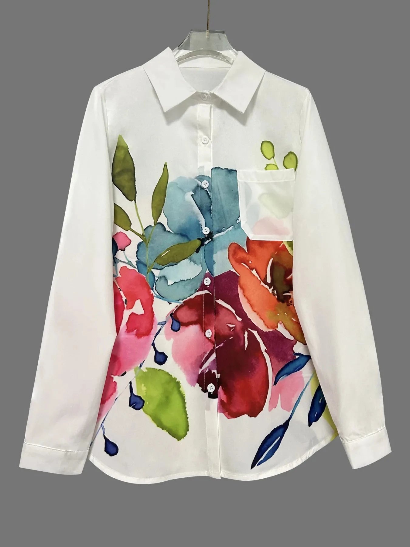 Printed Button Up Long Sleeve Shirt White / S