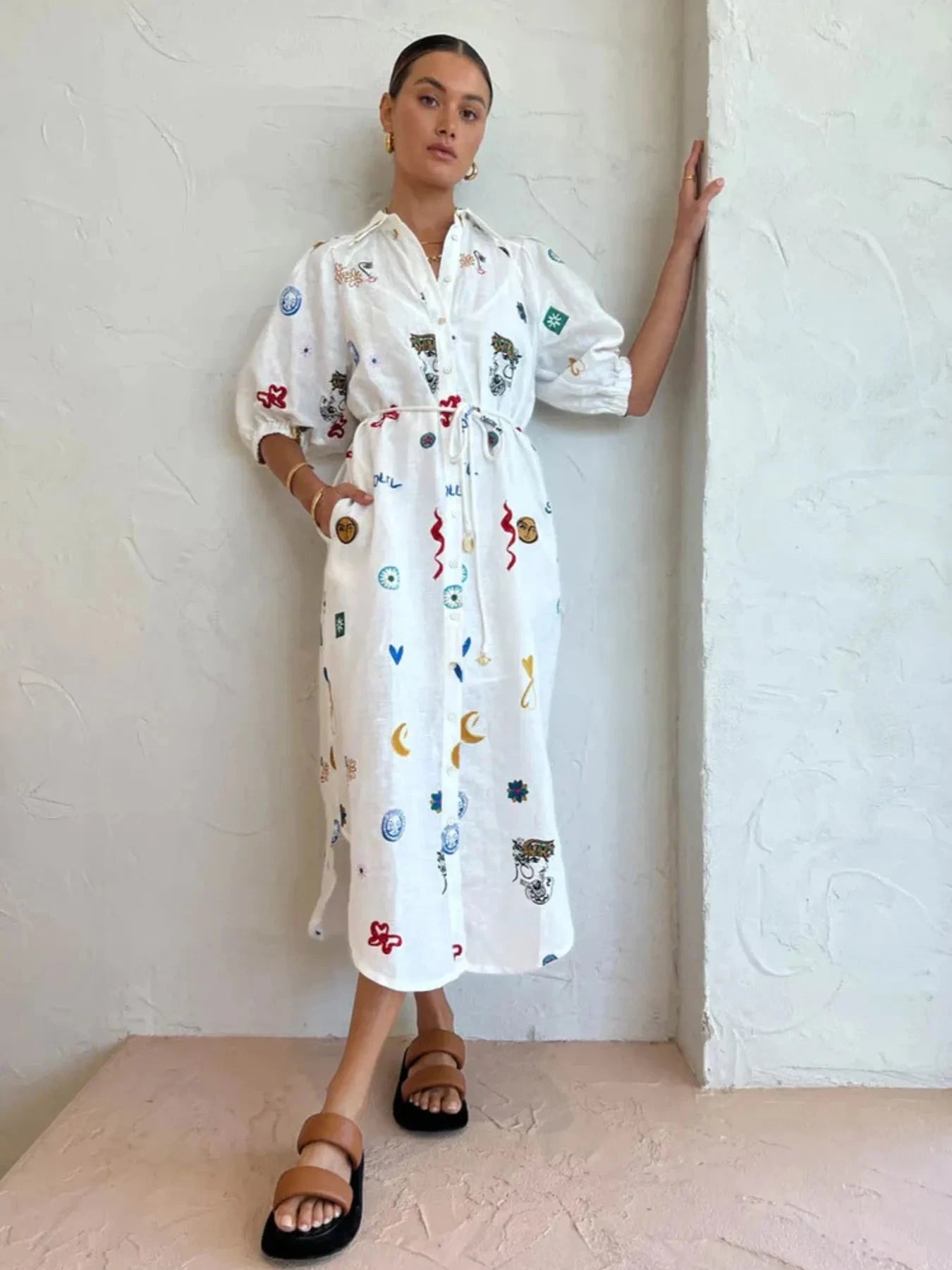 Printed Button Up Midi Shirt Dress