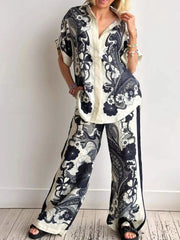 Printed Button Up Shirt and Pants Set