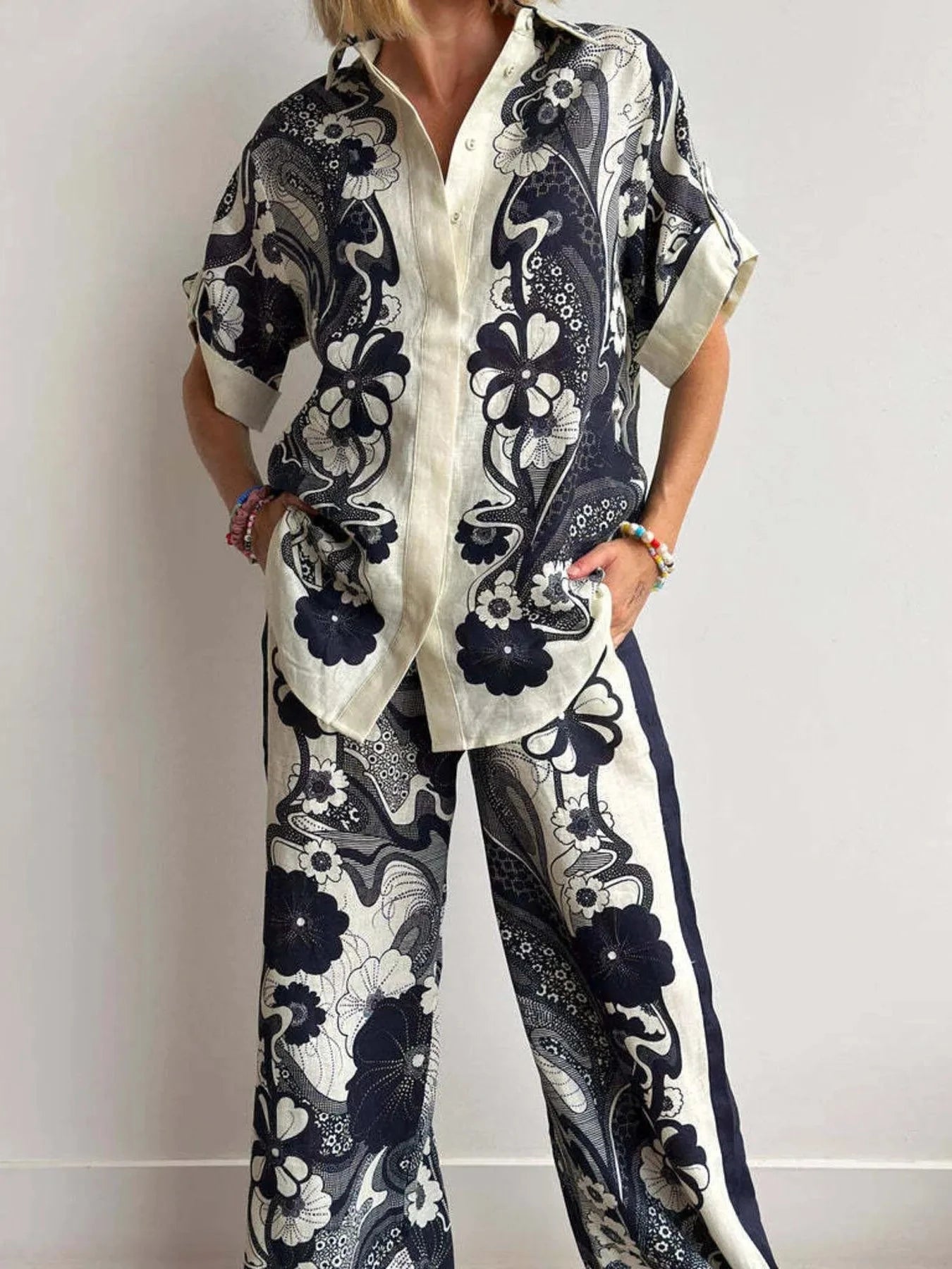 Printed Button Up Shirt and Pants Set
