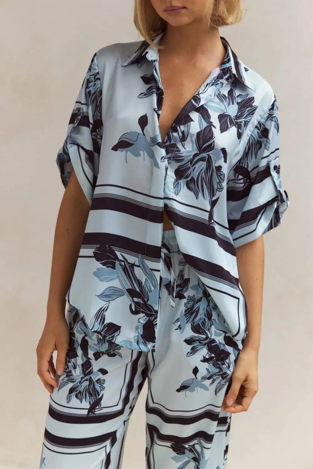 Printed Button Up Shirt and Pants Set Light Blue / S