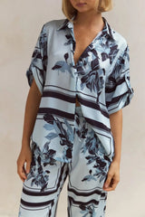 Printed Button Up Shirt and Pants Set Light Blue / S