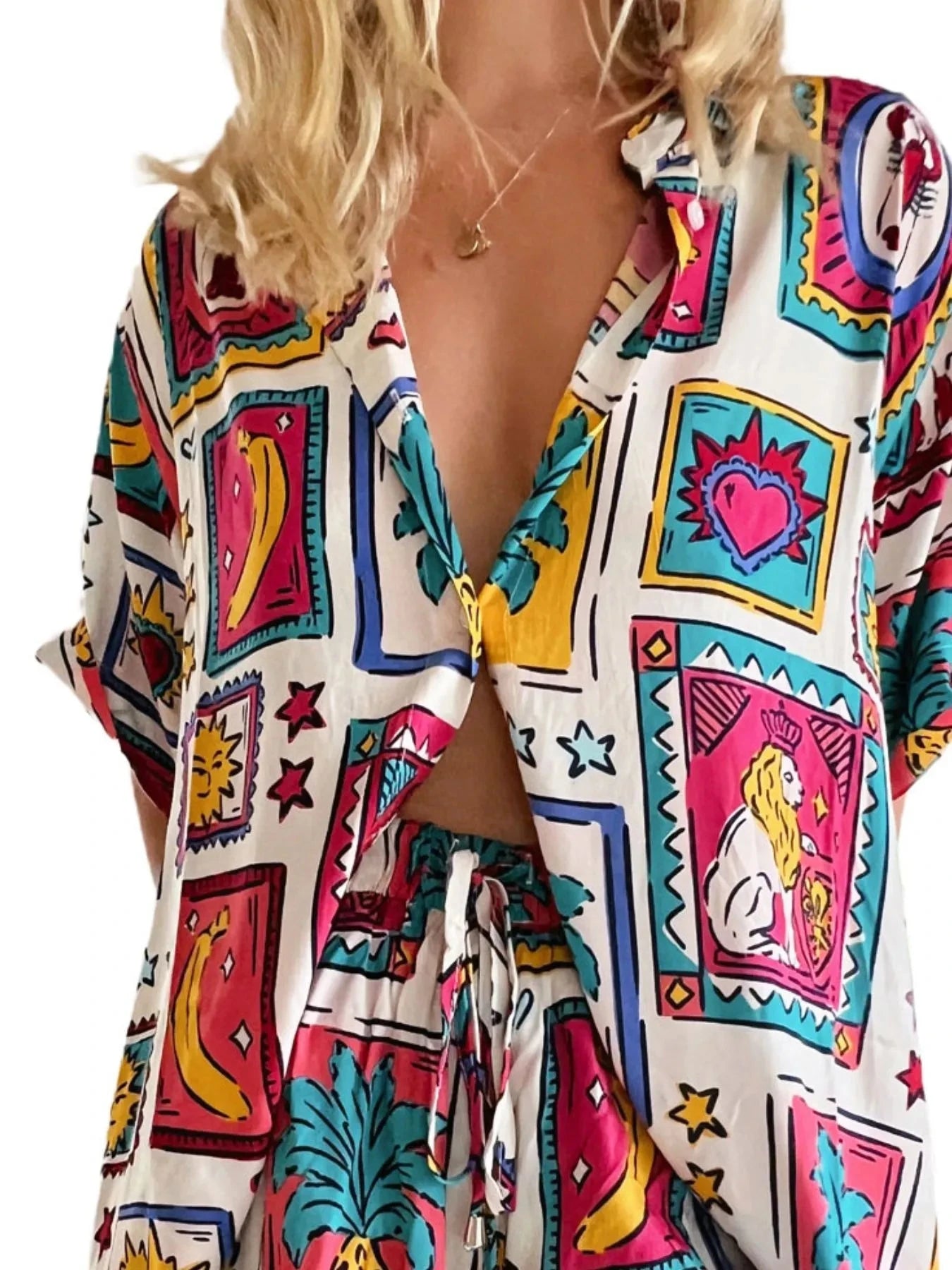 Printed Button Up Shirt and Shorts Set