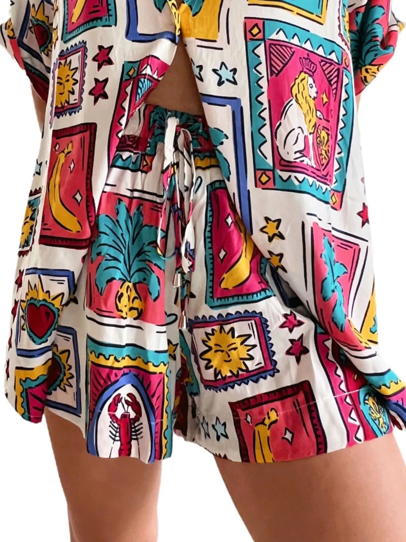 Printed Button Up Shirt and Shorts Set