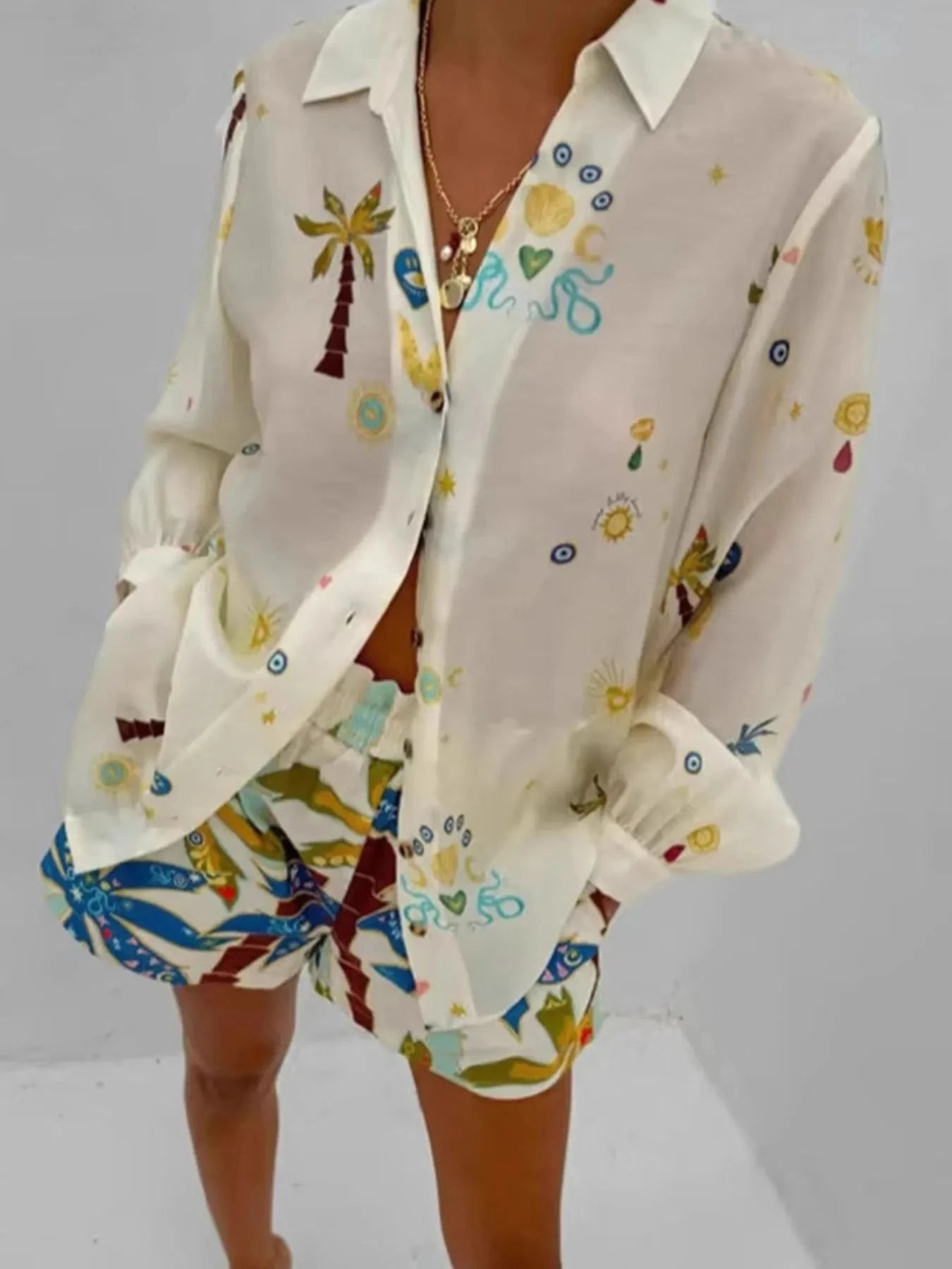 Printed Button Up Shirt and Shorts Set