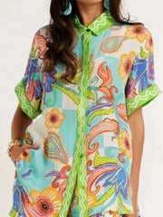 Printed Button Up Shirt and Shorts Set