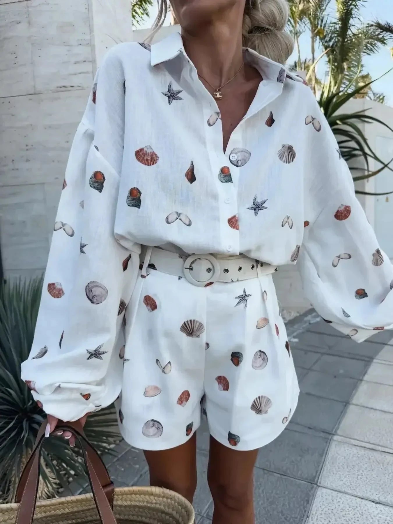 Printed Button Up Shirt and Shorts Set