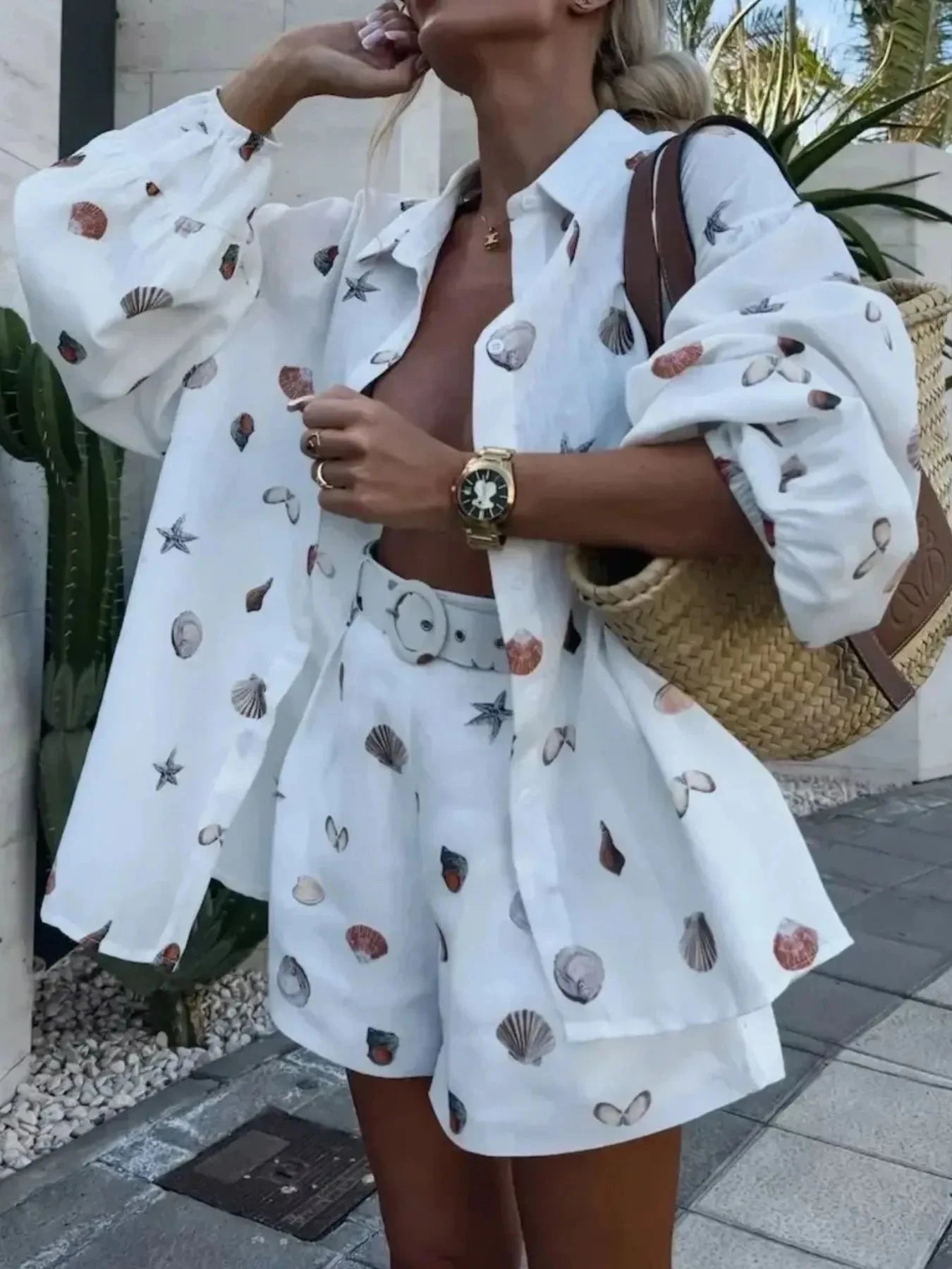 Printed Button Up Shirt and Shorts Set