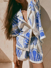 Printed Button Up Shirt and Shorts Set