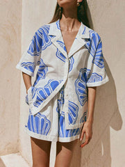 Printed Button Up Shirt and Shorts Set