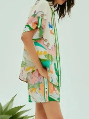Printed Button Up Shirt and Shorts Set