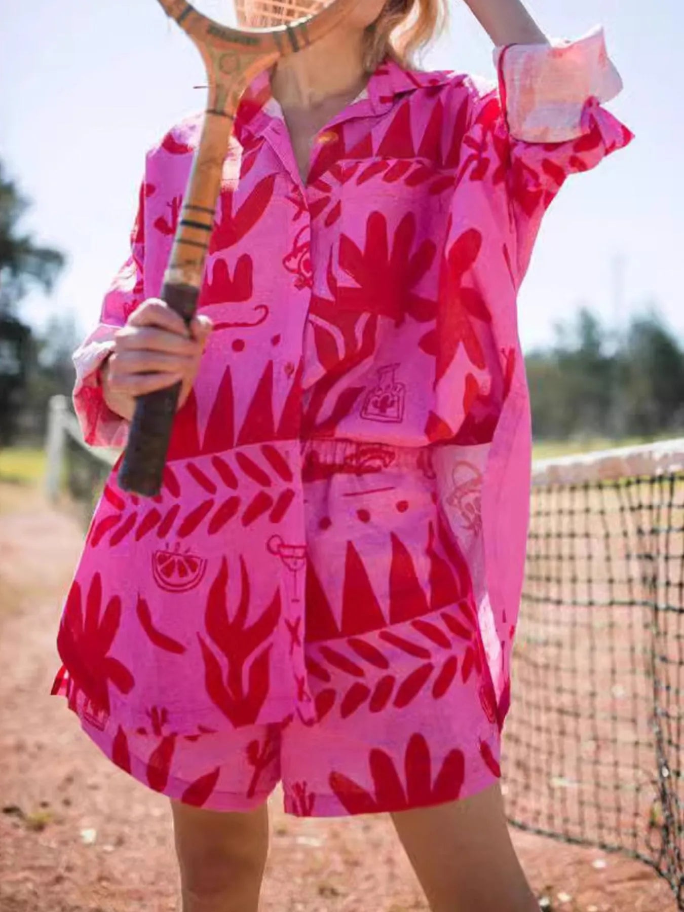 Printed Button Up Shirt and Shorts Set